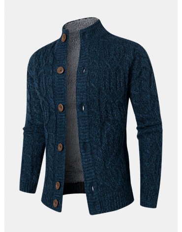 Men Cable Knit Full Button Solid Stand Collar Cardigans