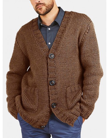 Men Vintage Knit Button V-Neck Double Pockets Casual Cardigans