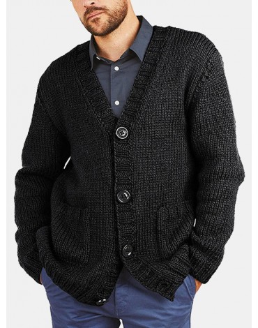 Men Vintage Knit Button V-Neck Double Pockets Casual Cardigans