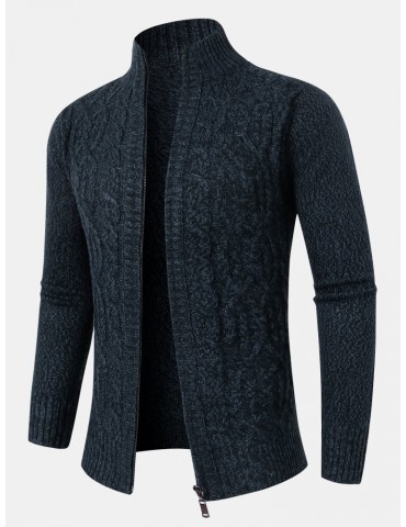 Mens Cable Knitted Zipper Long Sleeve Sweater Cardigans