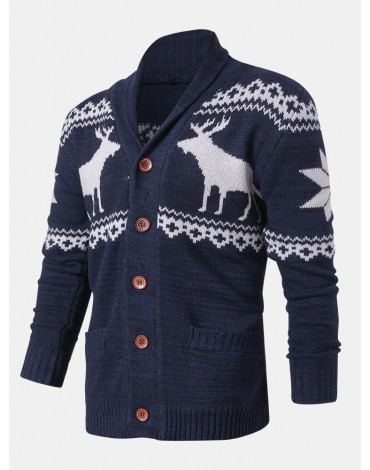 Mens Christmas Reindeer Button Thick Warm Casual Knitted Cardigan Sweater