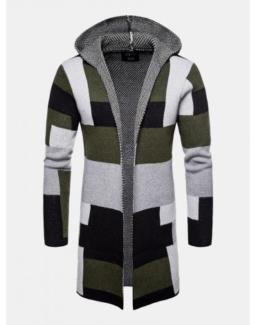 Mens Colorblock Knitted Long Sleeve Mid-Length Hooded Sweater Cardigans