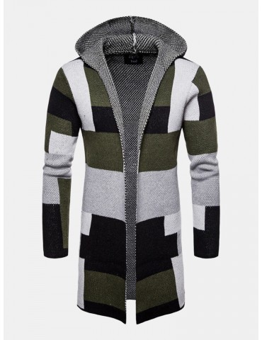 Mens Colorblock Knitted Long Sleeve Mid-Length Hooded Sweater Cardigans