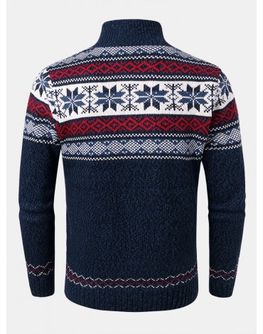 Mens Geometric Graphics Knitted Fleece Lined Warm Sweater Cardigans