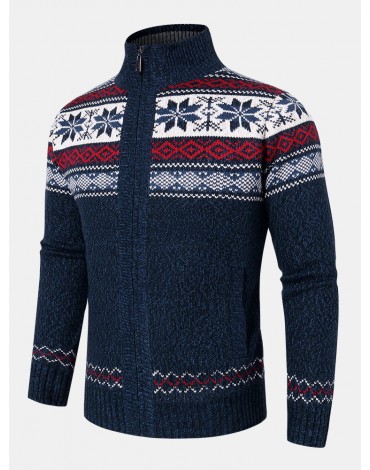 Mens Geometric Graphics Knitted Fleece Lined Warm Sweater Cardigans