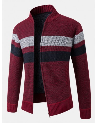 Mens Patchwork Zip Front Rib-Knit Plush Lined Cotton Cardigans With Pocket