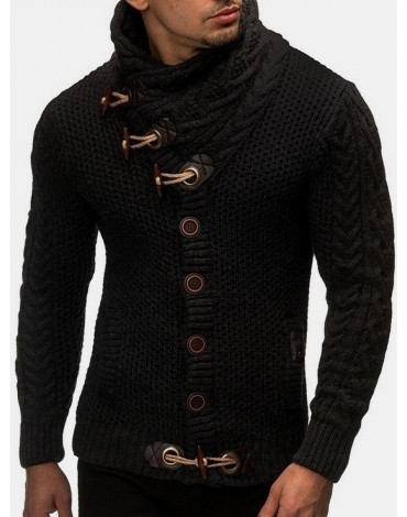 Mens Solid Color Knitted High Neck Single-Breasted Sweater Cardigans