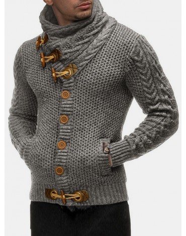 Mens Solid Color Knitted High Neck Single-Breasted Sweater Cardigans
