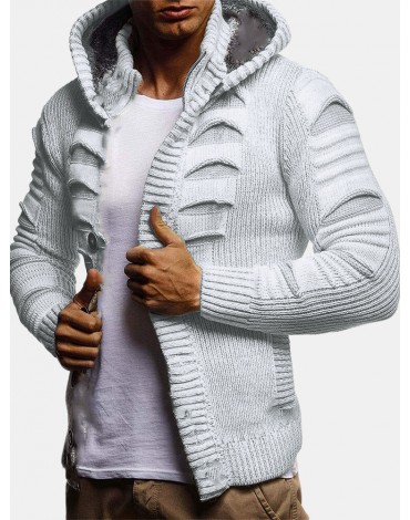 Mens Solid Color Long Sleeve Knitting Hooded Sweater Cardigans
