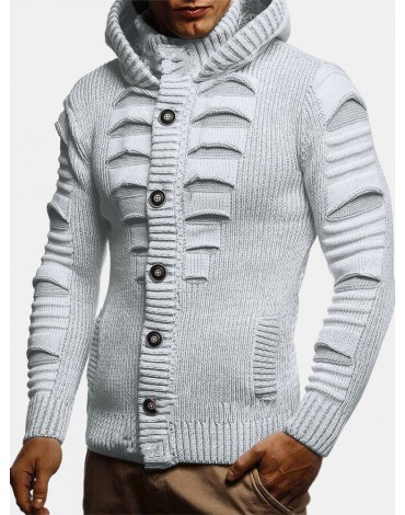 Mens Solid Color Long Sleeve Knitting Hooded Sweater Cardigans