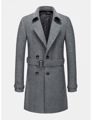Mens British Style Mid-Length Woolen Thicken Warm Casual Belted Overcoat