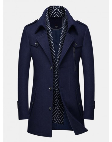 Mens British Style Woolen Scarf Collar Mid-Length Thicken Warm Overcoat