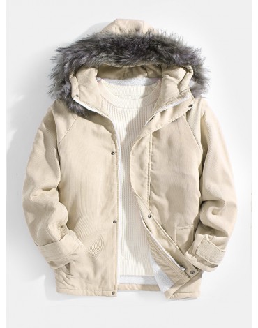 Mens Corduroy Faux Fur Collar Hooded Sherpa Lined Simple Coats