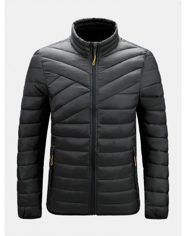 Mens Solid Quilted Zip Up Basic Padded Coats With Welt Pocket