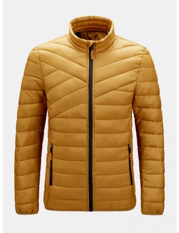 Mens Solid Quilted Zip Up Basic Padded Coats With Welt Pocket