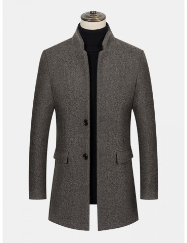 Mens Stand Color Mid Length Woolen Single-Breasted Thick Business Casual Coat