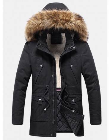 Mens Warm Solid Color Windproof Multi Pocket Detachable Faux Fur Collar Hooded Coat