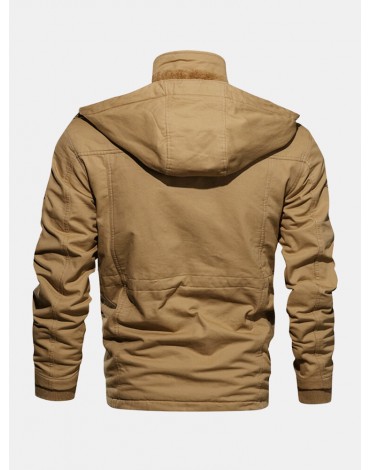 Mens Winter Fleece Warm Hooded Multi Pockets Casual Cotton Jacket