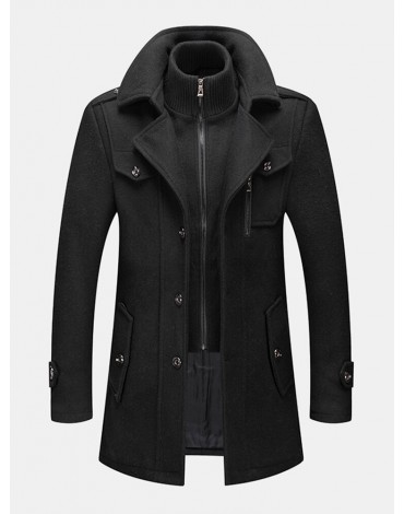 Mens Woolen Double Collar Thick Single-Breasted Casual Warm Overcoat