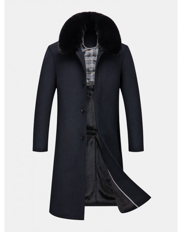 Mens Woolen Removable Collar Thicken Business Mid-Length Warm Overcoat