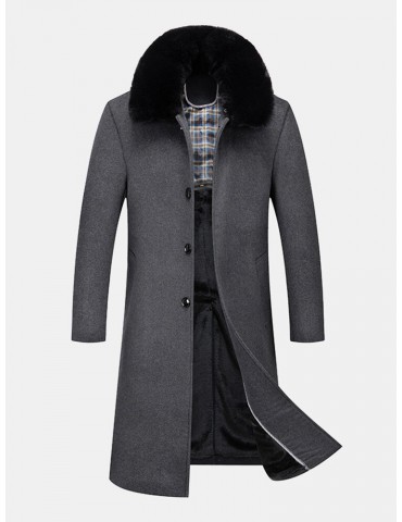 Mens Woolen Removable Collar Thicken Business Mid-Length Warm Overcoat