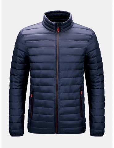 Mens Zip Front Quilted Solid Basic Padded Coats With Pocket