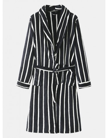 Mens Basic Striped Print Flannel Winter Thick Mid-Length Home Lounge Robes