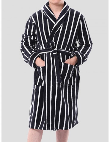 Mens Basic Striped Print Flannel Winter Thick Mid-Length Home Lounge Robes