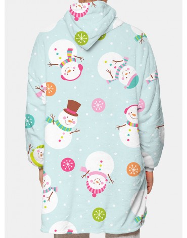 Mens Cartoon Snowman Print Fleece Lined Warm Blanket Hoodie Reversible Loungewear With Pocket
