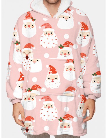 Mens Christmas Cartoon Santa Claus Print Thick Fleece Lined Reversible Home Blanket Hoodie