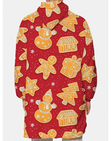 Mens Christmas Gingerbread Print Reversible Fleece Lined Blanket Hoodie Warm Loungewear With Pocket