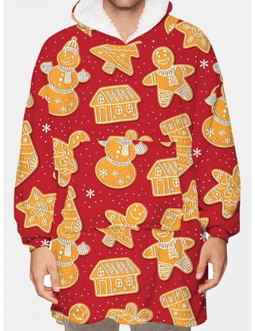 Mens Christmas Gingerbread Print Reversible Fleece Lined Blanket Hoodie Warm Loungewear With Pocket