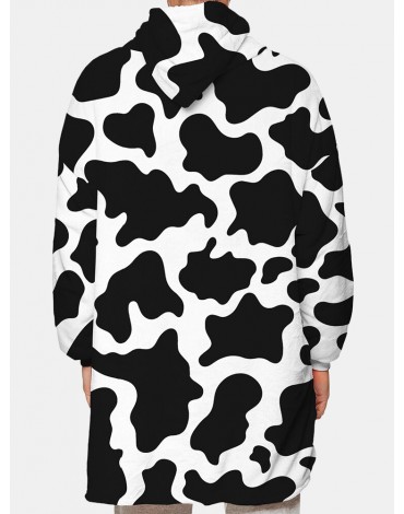 Mens Cow Pattern Print Flannel Two-Sided Oversized Blanket Hoodie With Pouch Pocket