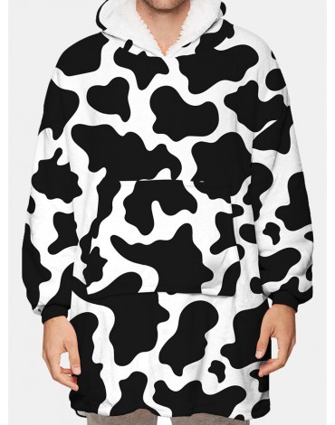 Mens Cow Pattern Print Flannel Two-Sided Oversized Blanket Hoodie With Pouch Pocket