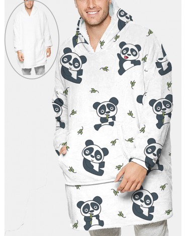 Mens Cute Panda Printed Flannel Oversized Two-Sided Blanket Hoodie With Pouch Pocket