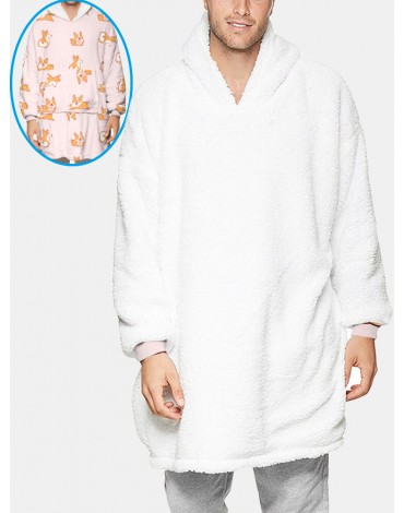 Mens Dog Print Fleece Two-Sided Wearable Blanket Hoodie Loungewear With Handy Pocket