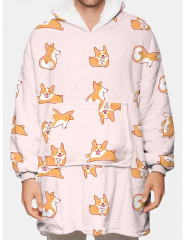 Mens Dog Print Fleece Two-Sided Wearable Blanket Hoodie Loungewear With Handy Pocket