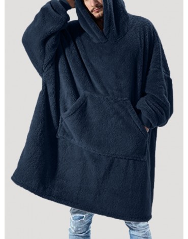 Mens Flannel Thicken Oversized Kangaroo Pocket Blanket Hoodies Warm Homewear