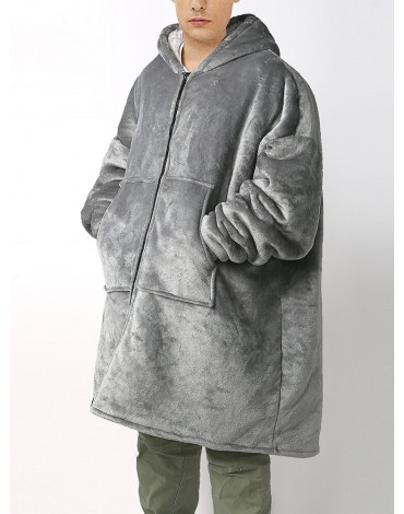 Mens Flannel Warm Soft Solid Color Zipper Kangaroo Pocket Blanket Hoodie Oversized Home Robes