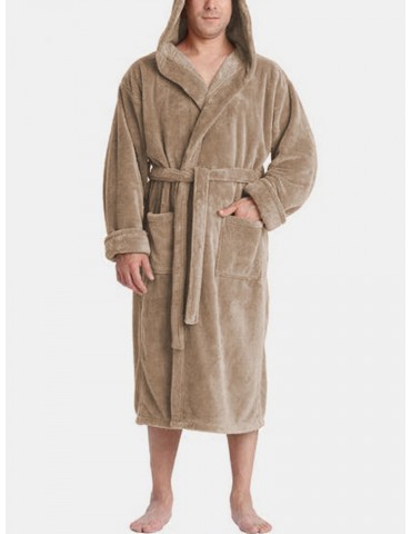 Mens Solid Color Flannel Thicken Warm Lace-Up Home Hooded Robe