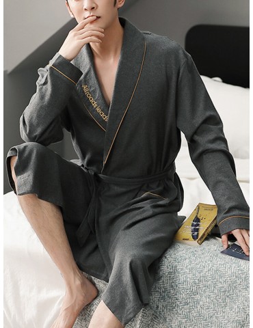 Mens Solid Color Letter Embroidery Double Pocket Lapel Sleepwear Robes With Sashes