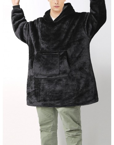 Mens Thicken Flannel Blanket Hoodie Double Pocket Loose Home Robes