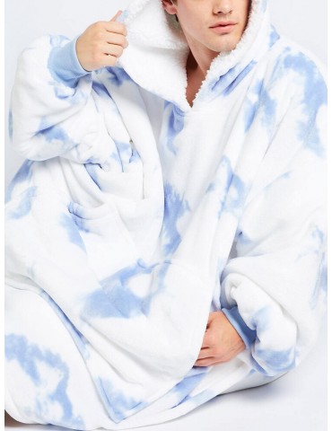Mens Thicken TIe-Dye Fleece Lined Warm Loose Home Blanket Hoodie With Kangaroo Pocket