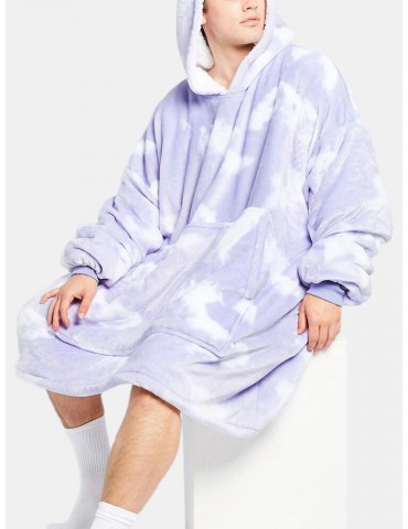 Mens Tie-Dye Print Fleece Lined Thicken Loose Blanket Hoodie With Kangaroo Pocket