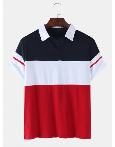 Mens Color Block Patchwork Casual Short Sleeve Golf Shirt