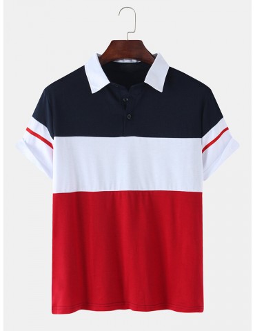 Mens Color Block Patchwork Casual Short Sleeve Golf Shirt