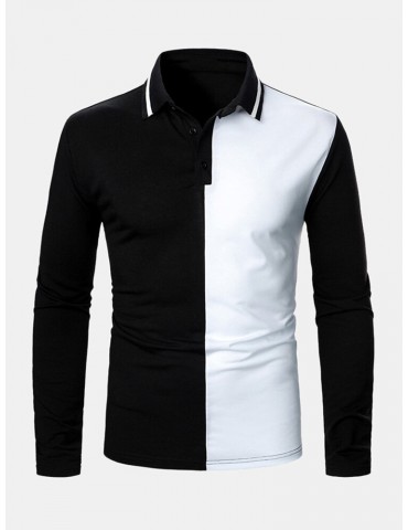 Mens Contrast Color Two Tone Patchwork Lapel Long Sleeve Golf Shirts