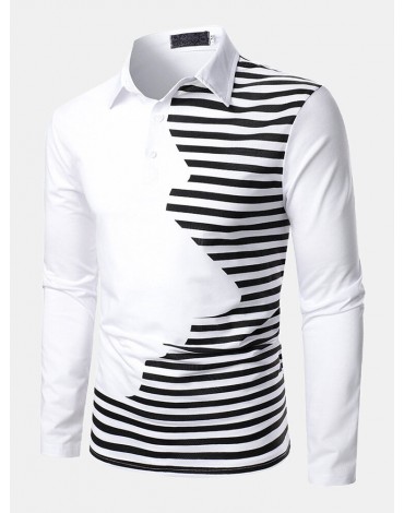 Mens Striped Patchwork Irregular Casual Long Sleeve Golf Shirts
