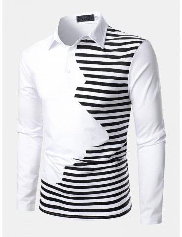 Mens Striped Patchwork Irregular Casual Long Sleeve Golf Shirts