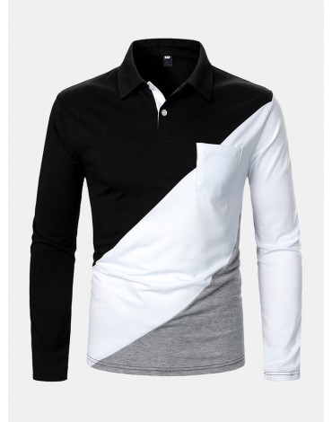 Mens Tricolor Patchwork Long Sleeve Golf Shirts With Chest Pocket